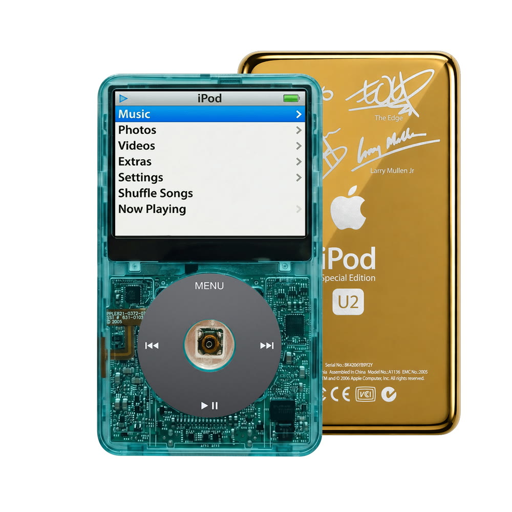 Clear Blue refurbished iPod Video 5.5 Gen with Black click wheel and Gold U2 back plate
