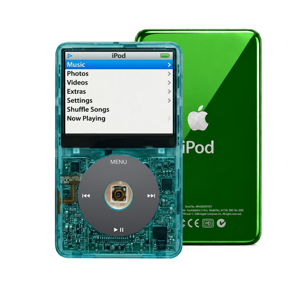 Clear Blue refurbished iPod Video 5.5 Gen with Black click wheel and Green back plate
