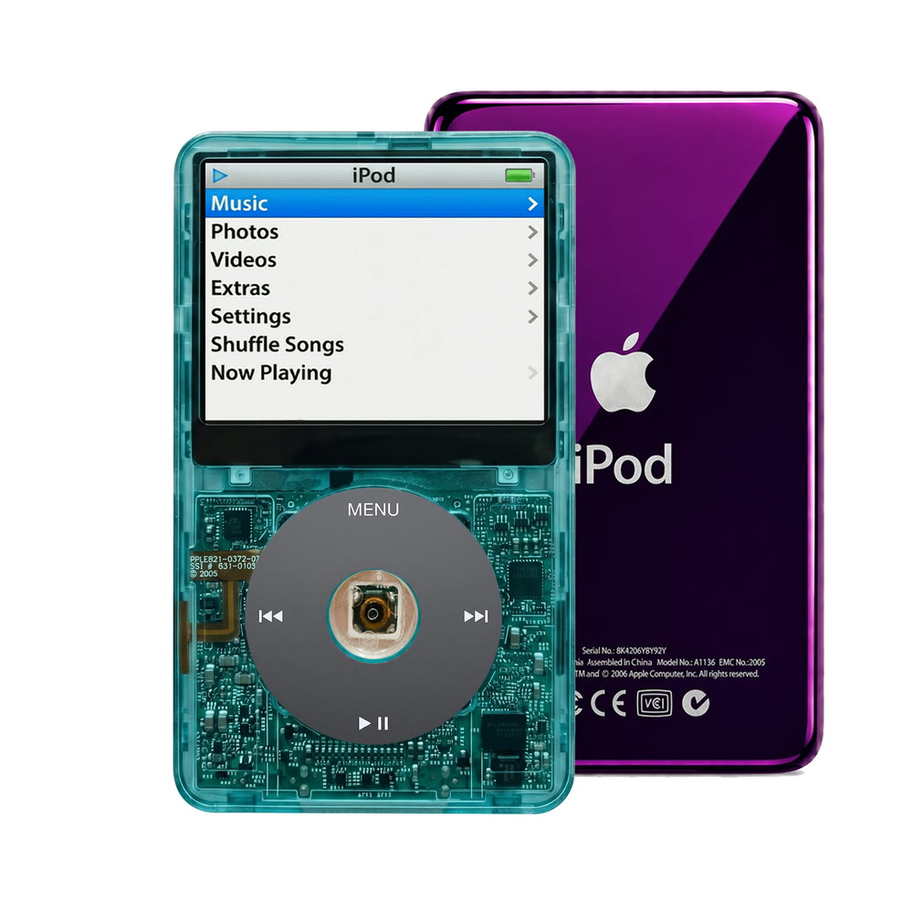 Clear Blue refurbished iPod Video 5.5 Gen with Black click wheel and Purple back plate