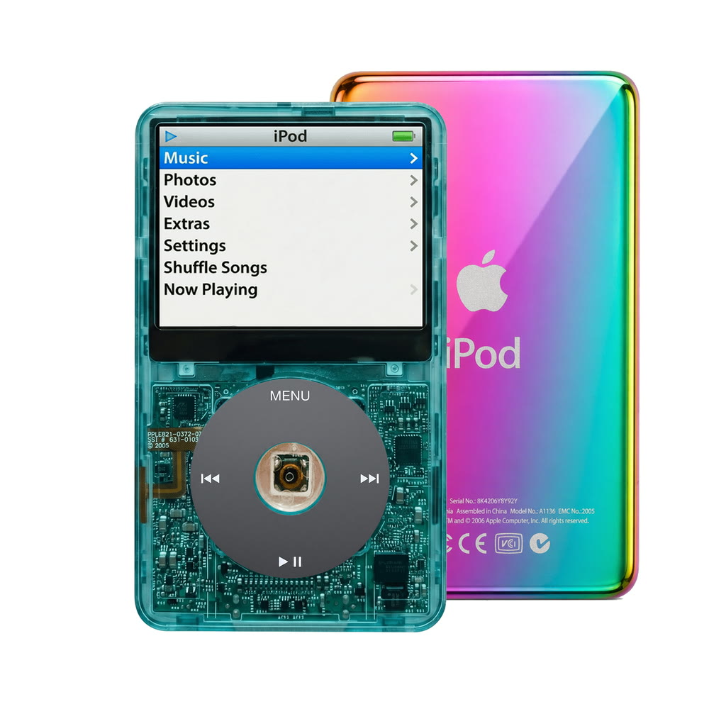 Clear Blue refurbished iPod Video 5.5 Gen with Black click wheel and Rainbow back plate