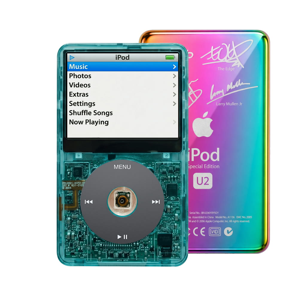 Clear Blue refurbished iPod Video 5.5 Gen with Black click wheel and Rainbow U2 back plate