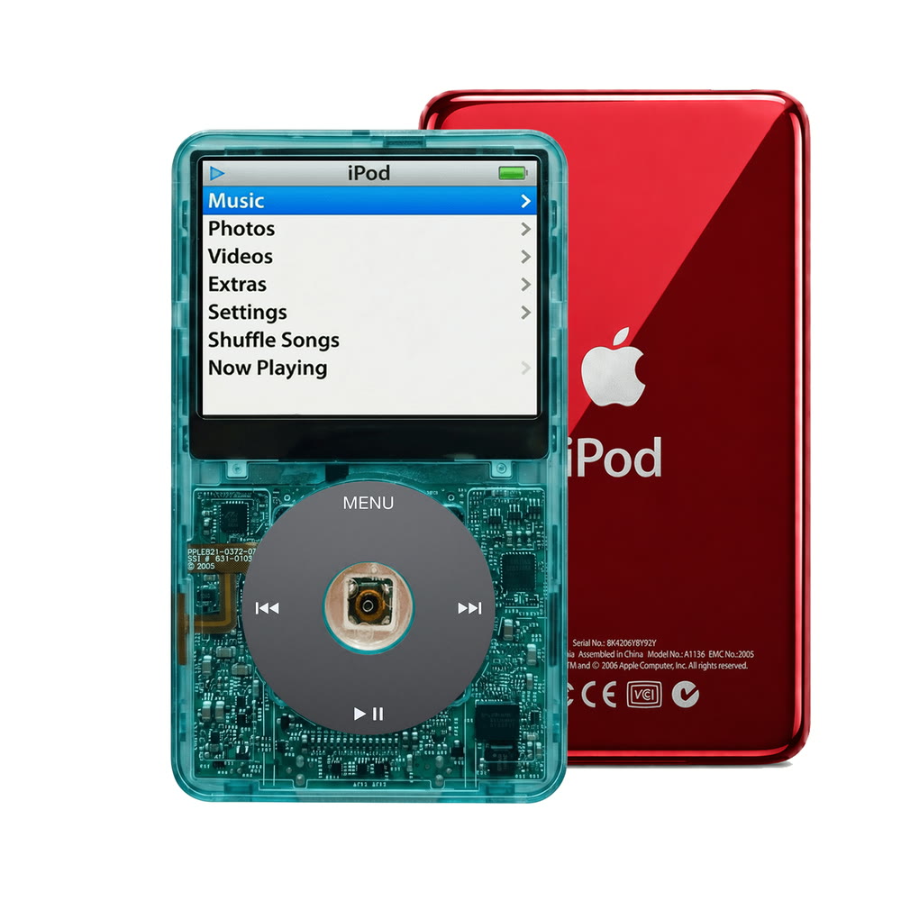 Clear Blue refurbished iPod Video 5.5 Gen with Black click wheel and Red back plate