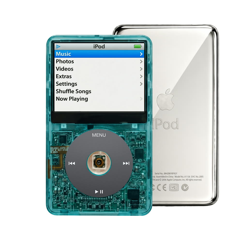 Clear Blue refurbished iPod Video 5.5 Gen with Black click wheel and Silver back plate