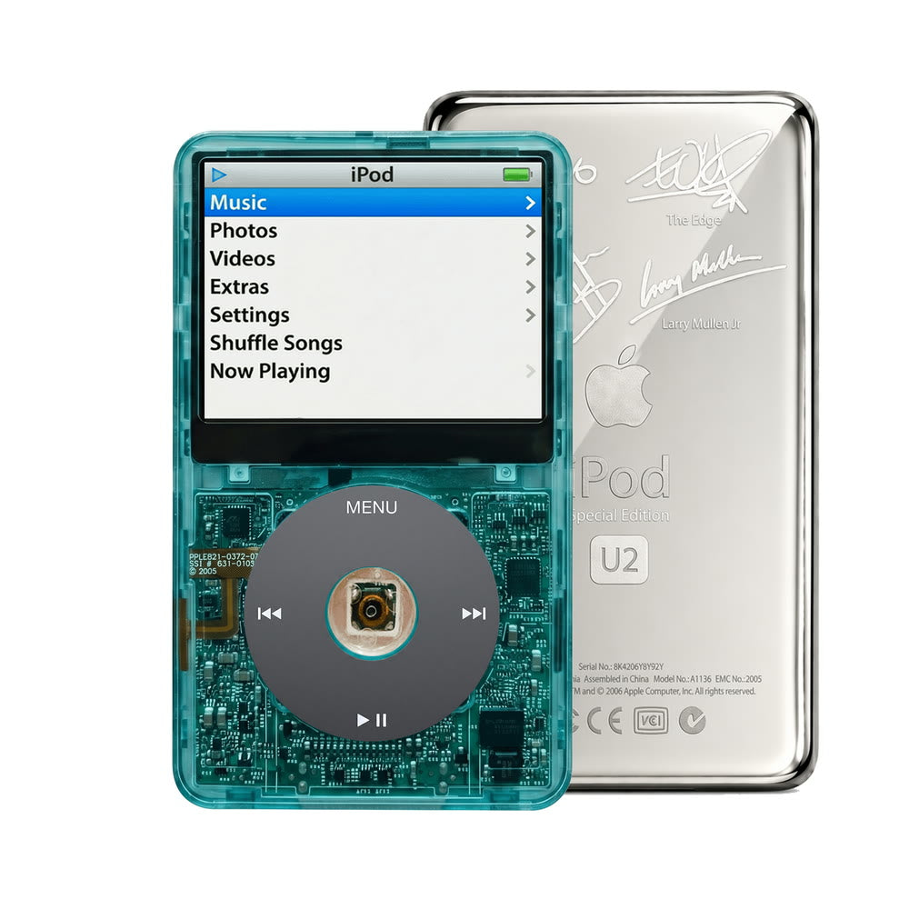 Clear Blue refurbished iPod Video 5.5 Gen with Black click wheel and Silver U2 back plate