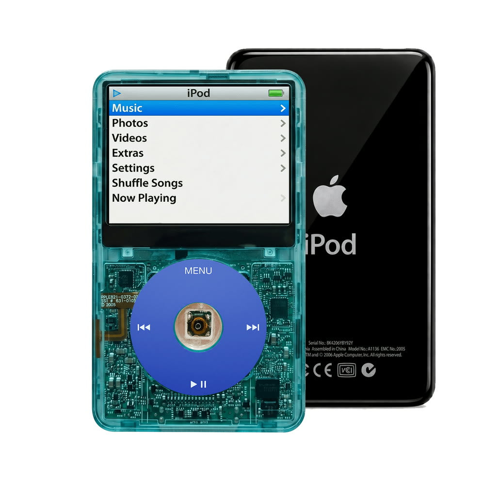 Clear Blue refurbished iPod Video 5.5 Gen with Blue click wheel and Black back plate