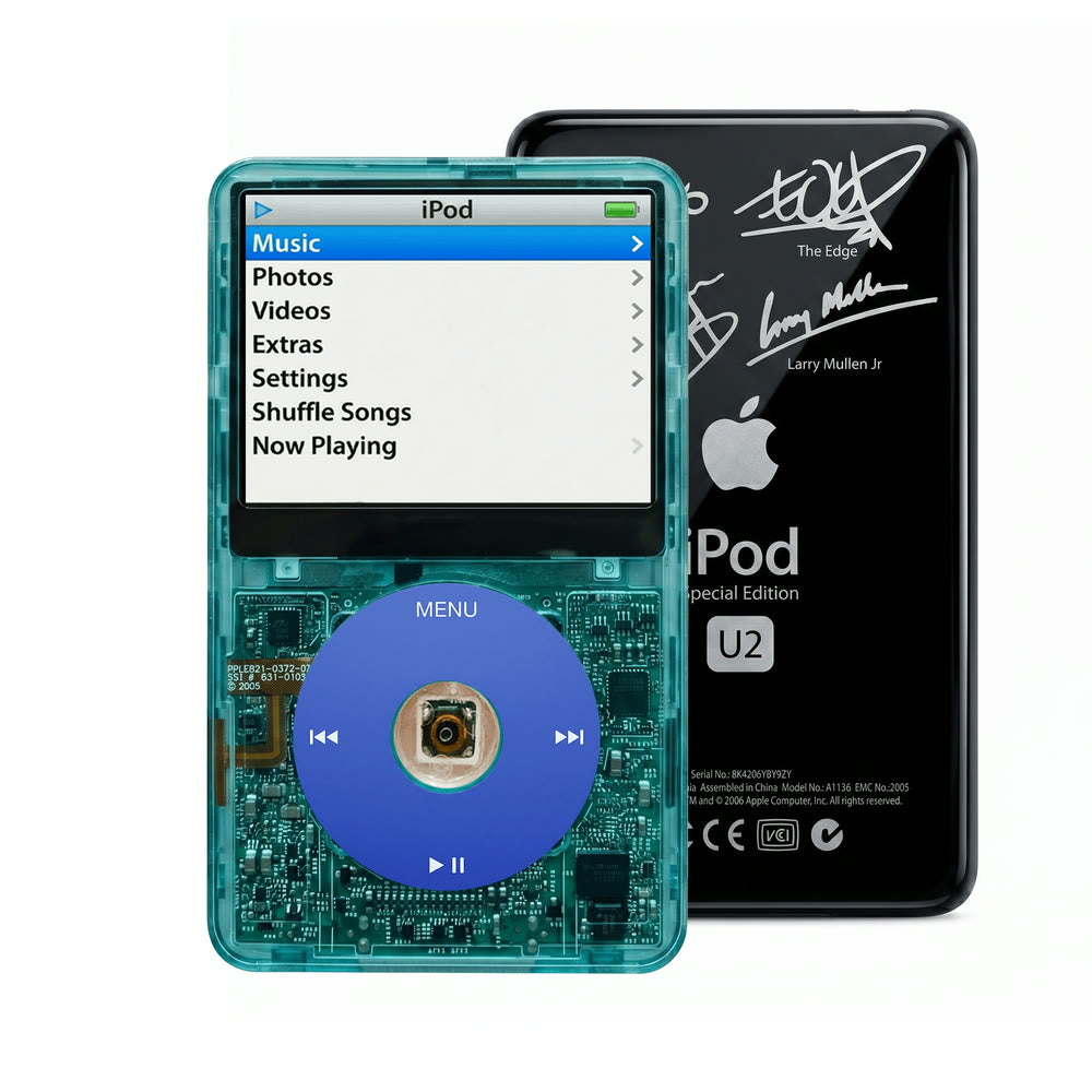 Clear Blue refurbished iPod Video 5.5 Gen with Blue click wheel and Black U2 back plate
