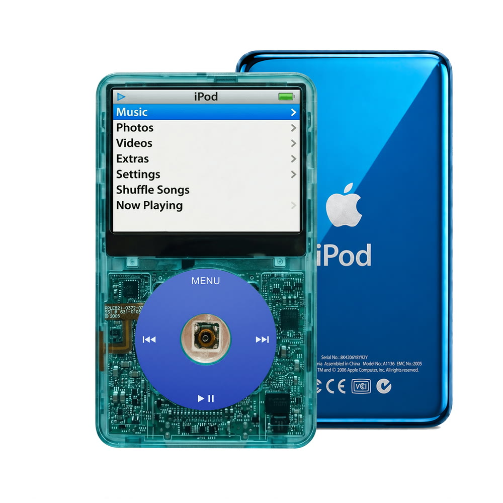 Clear Blue refurbished iPod Video 5.5 Gen with Blue click wheel and Blue back plate