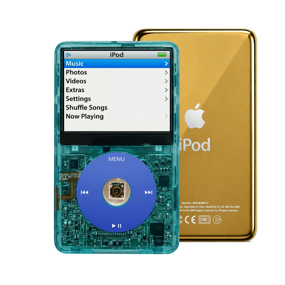 Clear Blue refurbished iPod Video 5.5 Gen with Blue click wheel and Gold back plate