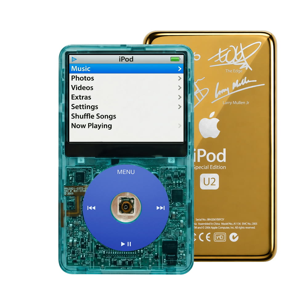Clear Blue refurbished iPod Video 5.5 Gen with Blue click wheel and Gold U2 back plate