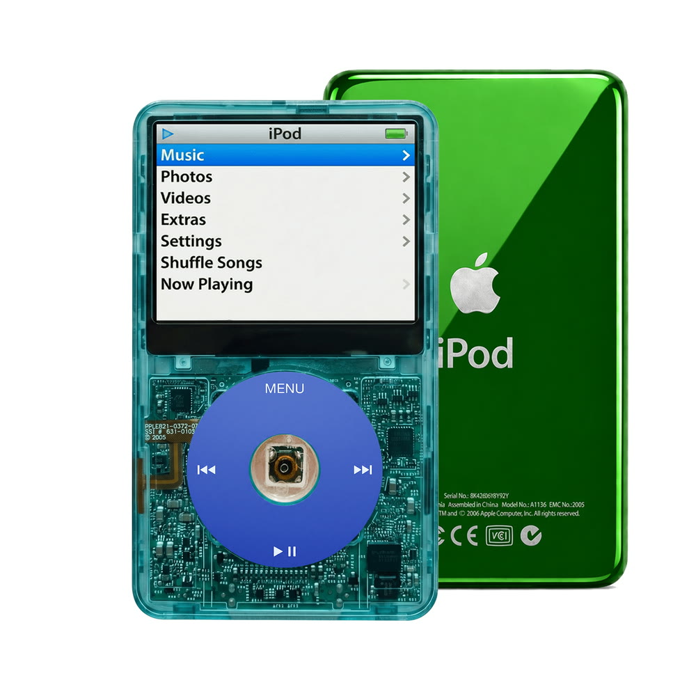 Clear Blue refurbished iPod Video 5.5 Gen with Blue click wheel and Green back plate