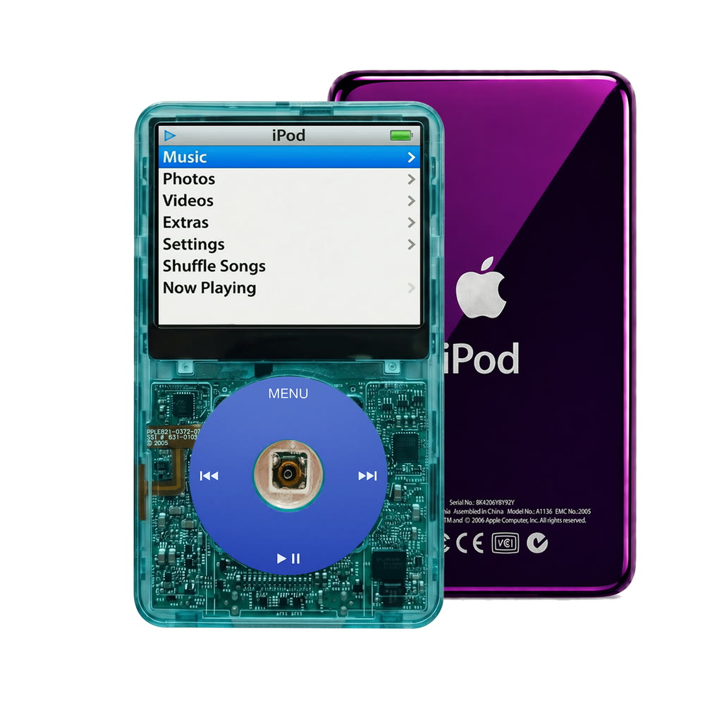 Clear Blue refurbished iPod Video 5.5 Gen with Blue click wheel and Purple back plate