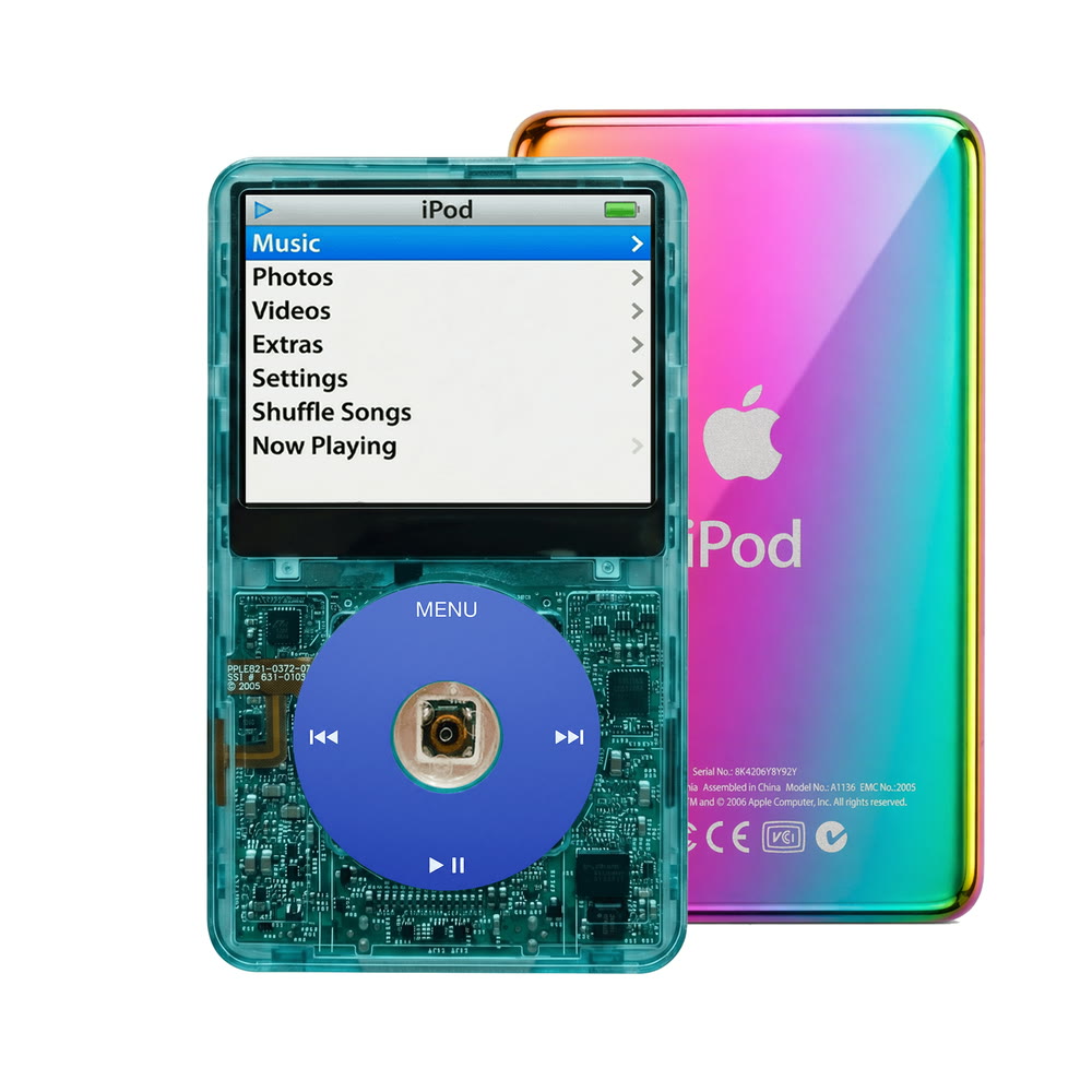 Clear Blue refurbished iPod Video 5.5 Gen with Blue click wheel and Rainbow back plate