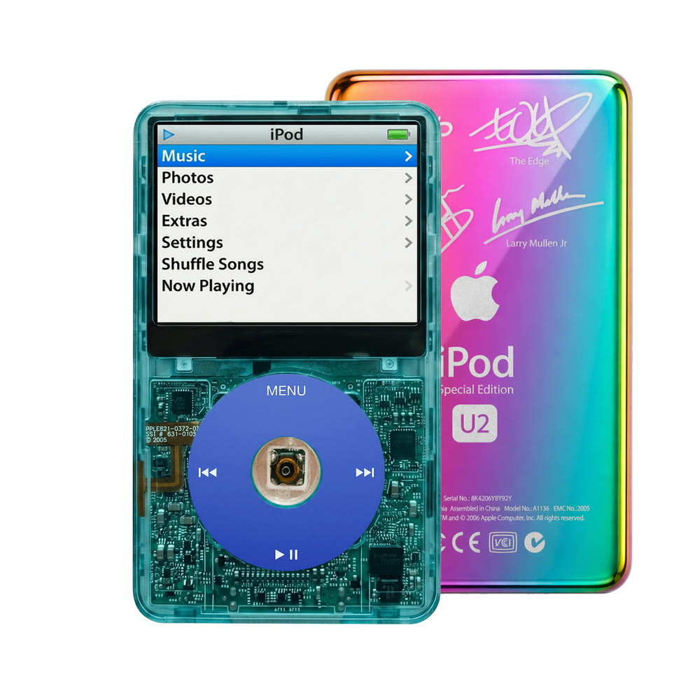 Clear Blue refurbished iPod Video 5.5 Gen with Blue click wheel and Rainbow U2 back plate