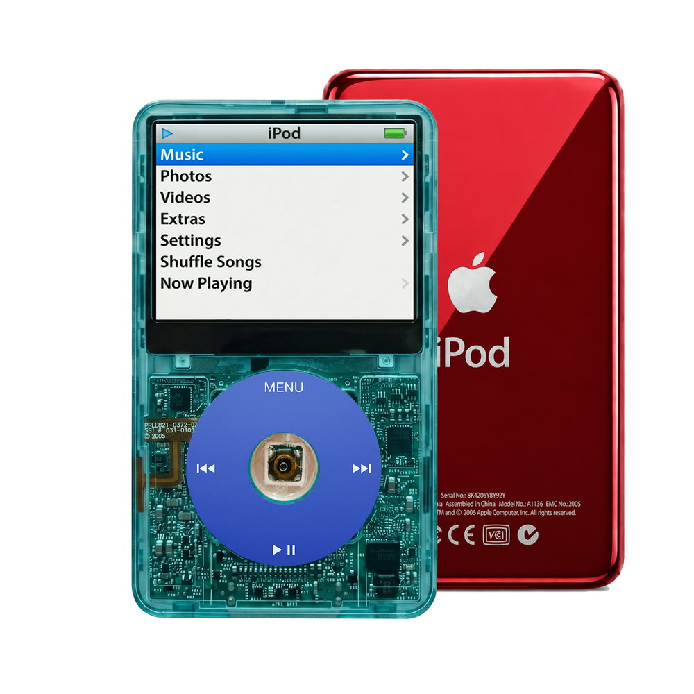Clear Blue refurbished iPod Video 5.5 Gen with Blue click wheel and Red back plate