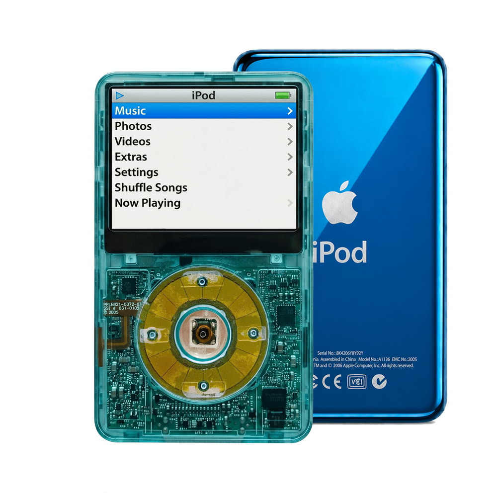 Clear Blue refurbished iPod Video 5.5 Gen with Clear Blue click wheel and Blue back plate