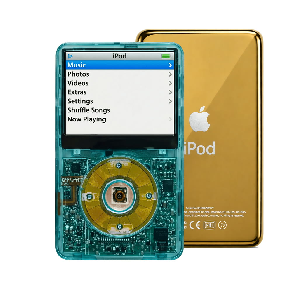 Clear Blue refurbished iPod Video 5.5 Gen with Clear Blue click wheel and Gold back plate