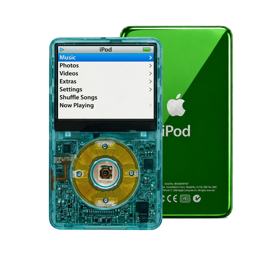 Clear Blue refurbished iPod Video 5.5 Gen with Clear Blue click wheel and Green back plate