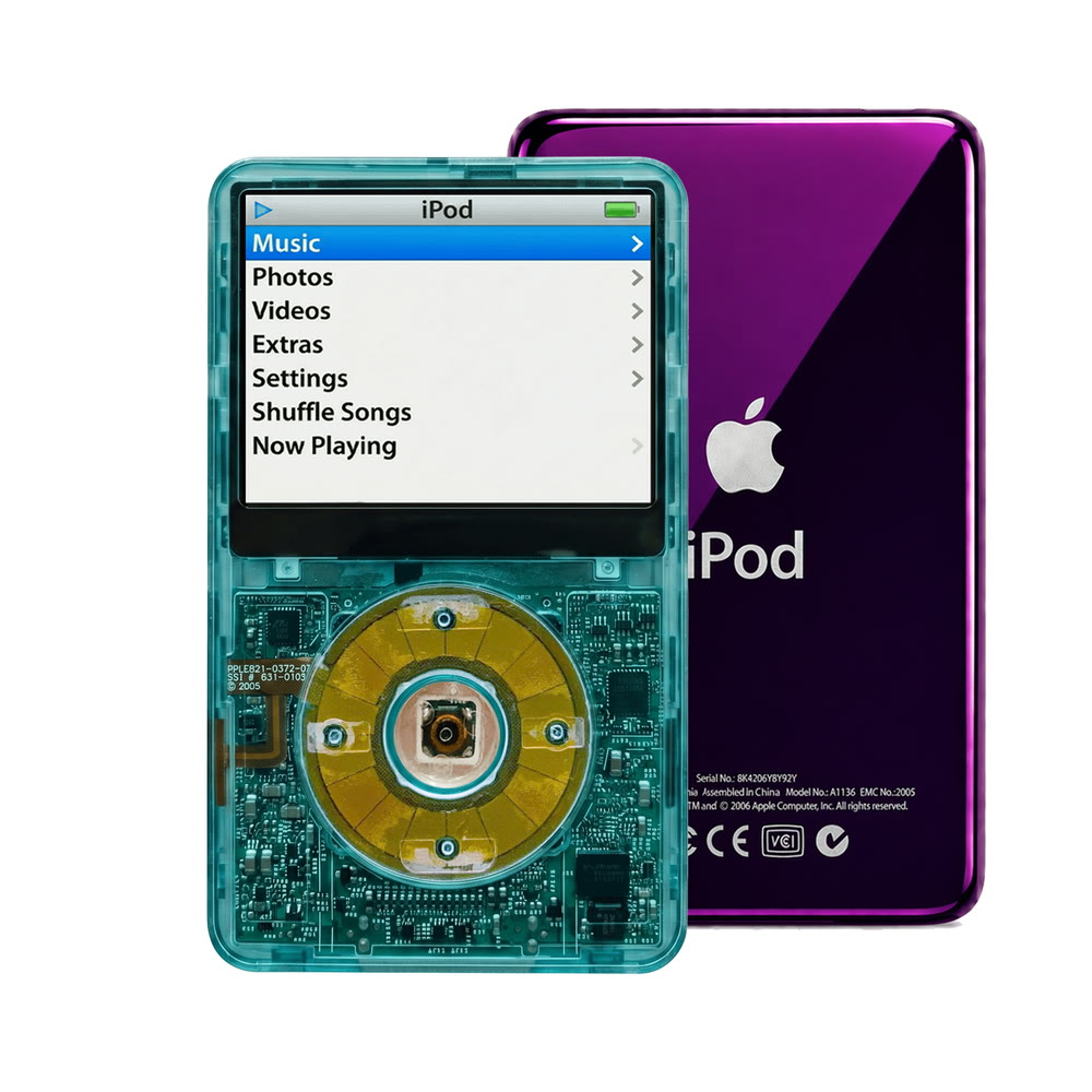 Clear Blue refurbished iPod Video 5.5 Gen with Clear Blue click wheel and Purple back plate