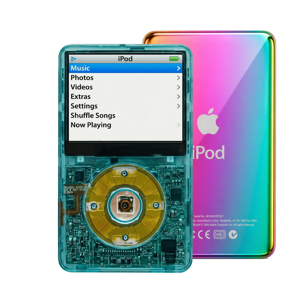 Clear Blue refurbished iPod Video 5.5 Gen with Clear Blue click wheel and Rainbow back plate