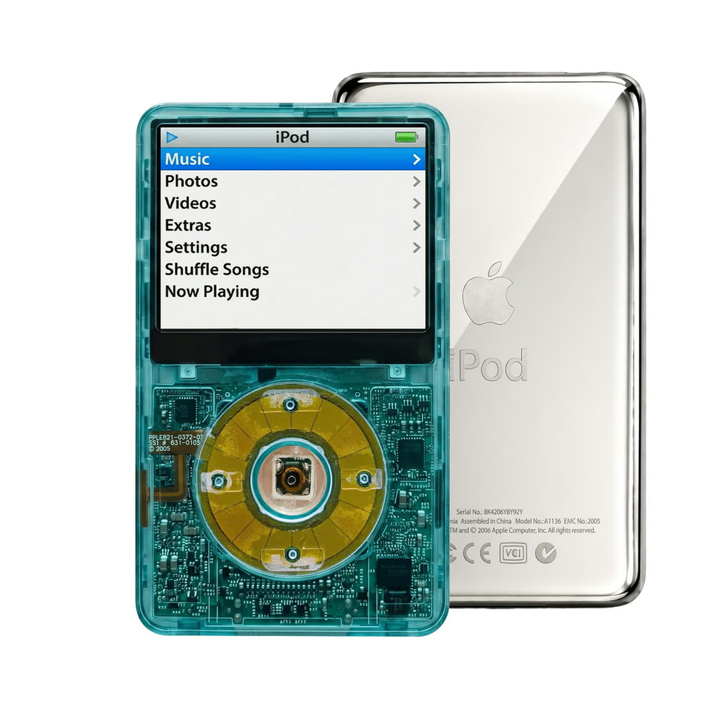 Clear Blue refurbished iPod Video 5.5 Gen with Clear Blue click wheel and Silver back plate