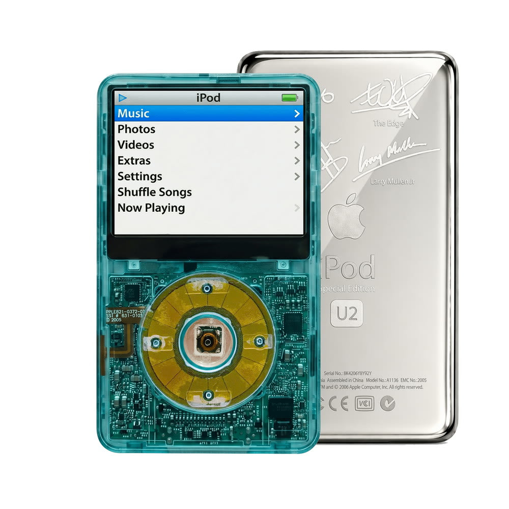 Clear Blue refurbished iPod Video 5.5 Gen with Clear Blue click wheel and Silver U2 back plate