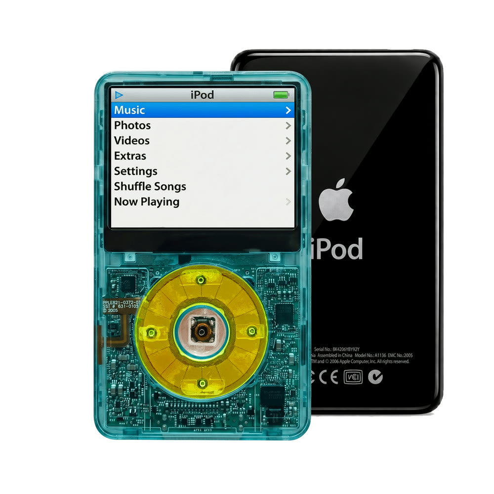Clear Blue refurbished iPod Video 5.5 Gen with Clear Green click wheel and Black back plate