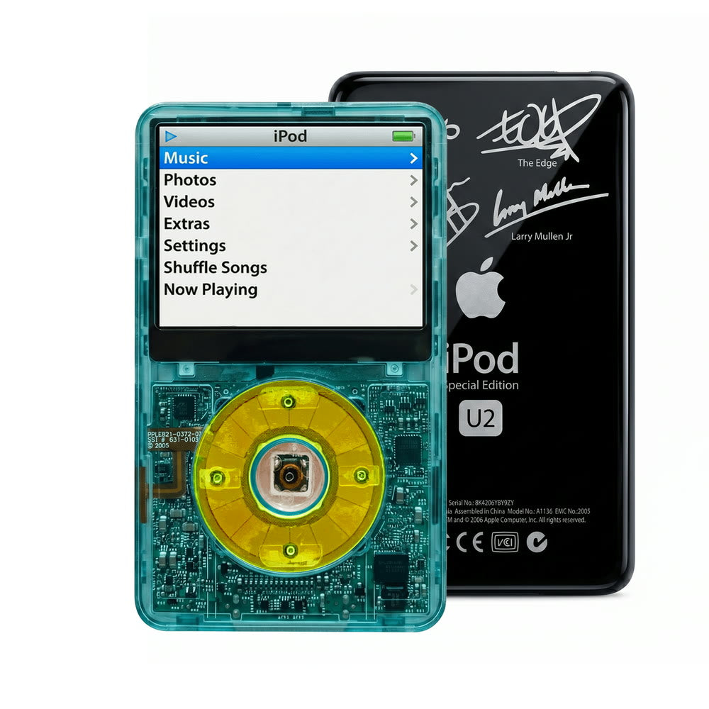 Clear Blue refurbished iPod Video 5.5 Gen with Clear Green click wheel and Black U2 back plate