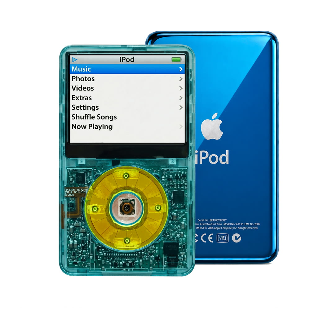 Clear Blue refurbished iPod Video 5.5 Gen with Clear Green click wheel and Blue back plate