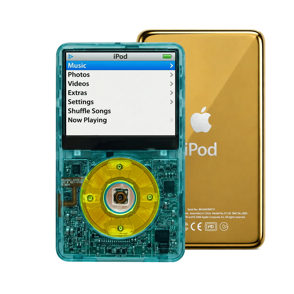 Clear Blue refurbished iPod Video 5.5 Gen with Clear Green click wheel and Gold back plate