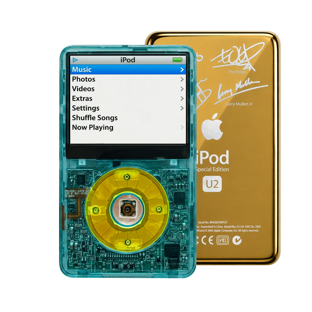 Clear Blue refurbished iPod Video 5.5 Gen with Clear Green click wheel and Gold U2 back plate