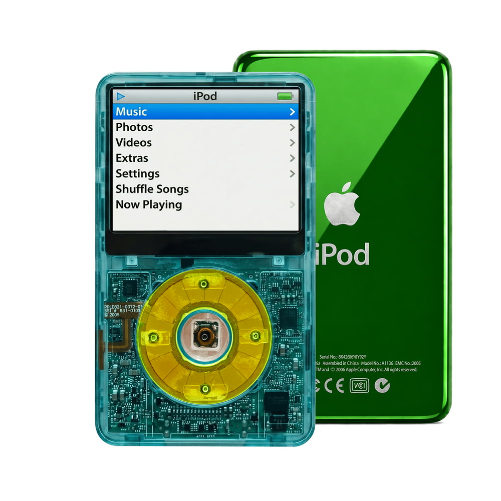 Clear Blue refurbished iPod Video 5.5 Gen with Clear Green click wheel and Green back plate