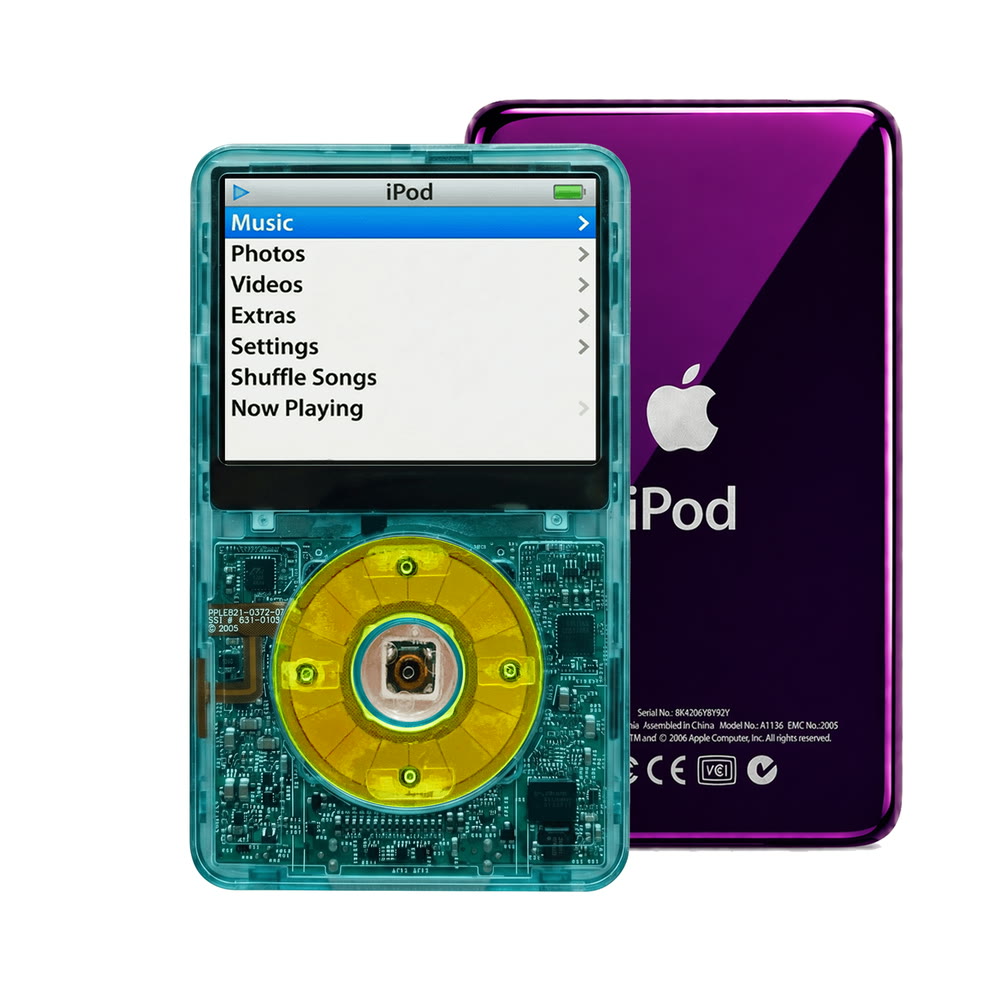Clear Blue refurbished iPod Video 5.5 Gen with Clear Green click wheel and Purple back plate
