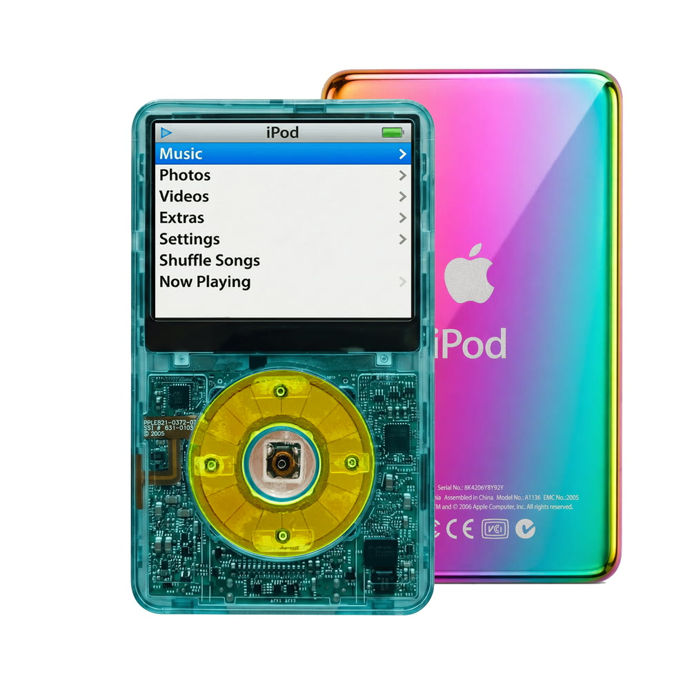 Clear Blue refurbished iPod Video 5.5 Gen with Clear Green click wheel and Rainbow back plate