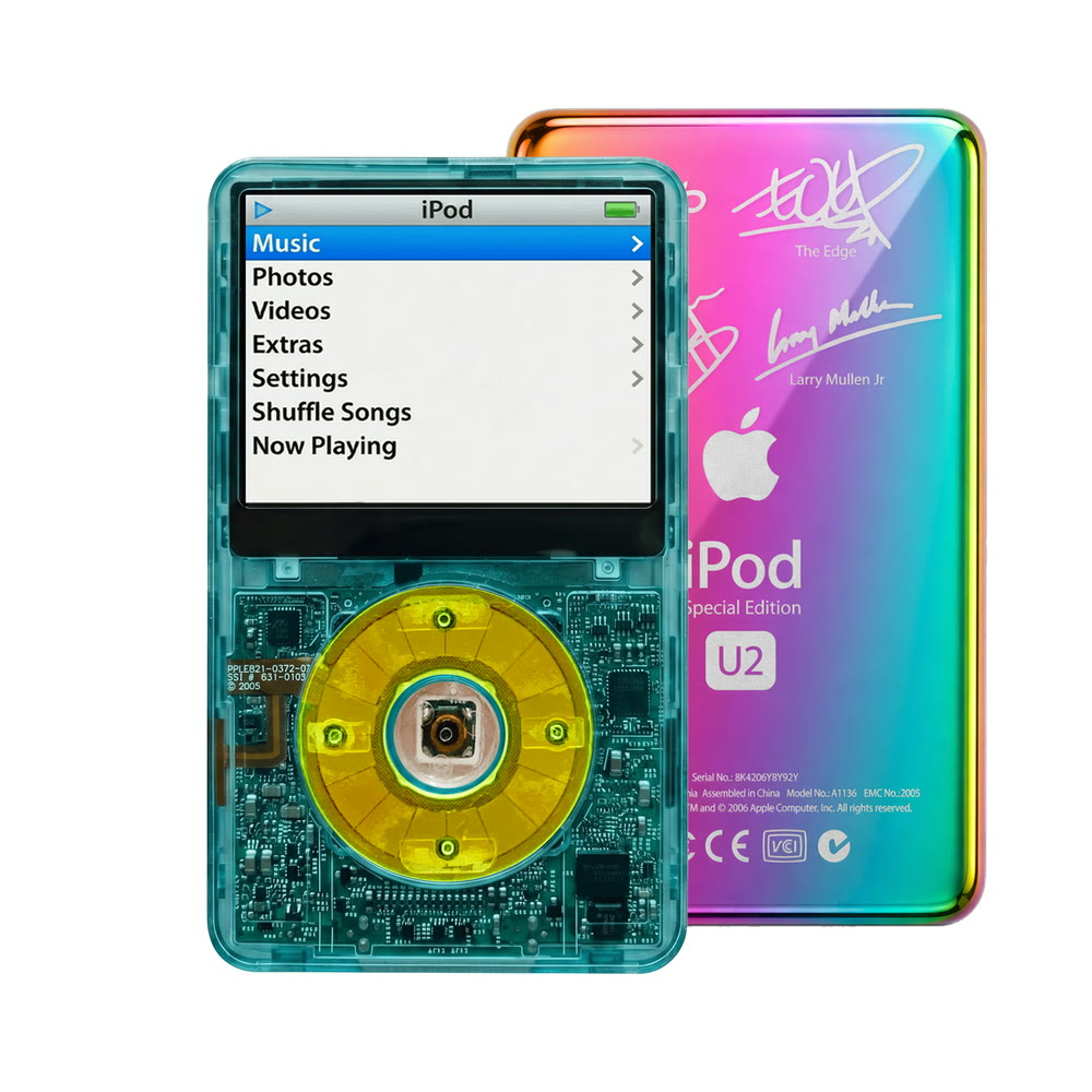 Clear Blue refurbished iPod Video 5.5 Gen with Clear Green click wheel and Rainbow U2 back plate