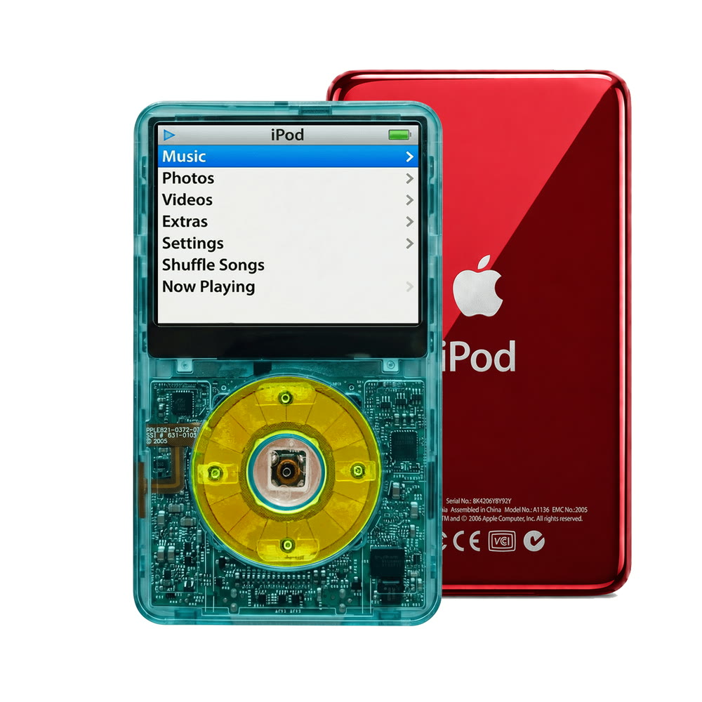 Clear Blue refurbished iPod Video 5.5 Gen with Clear Green click wheel and Red back plate