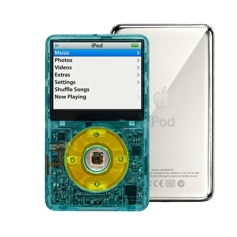 Clear Blue refurbished iPod Video 5.5 Gen with Clear Green click wheel and Silver back plate