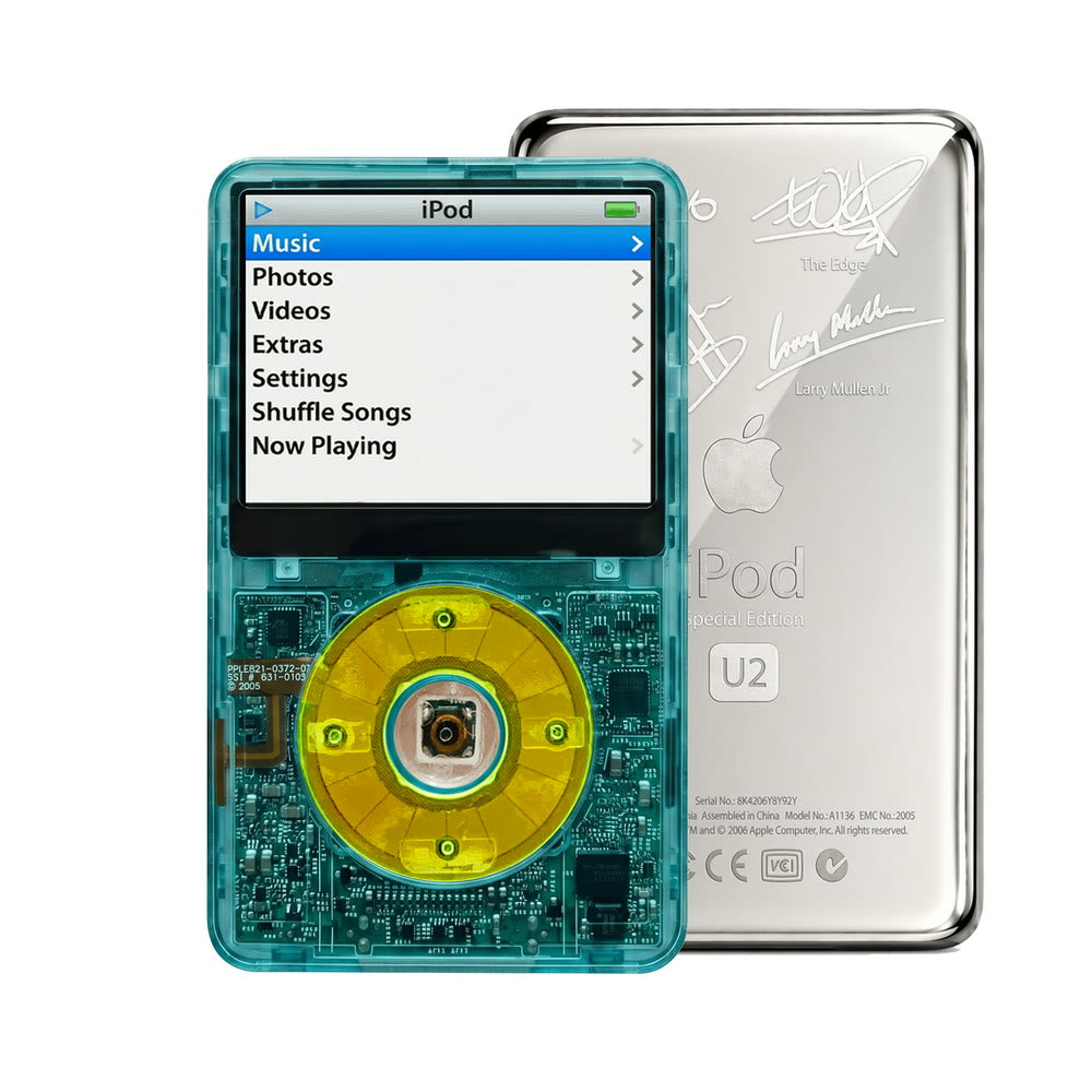 Clear Blue refurbished iPod Video 5.5 Gen with Clear Green click wheel and Silver U2 back plate