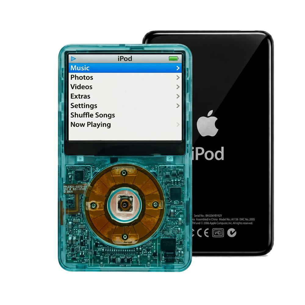 Clear Blue refurbished iPod Video 5.5 Gen with Clear Gray click wheel and Black back plate