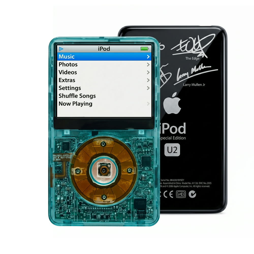 Clear Blue refurbished iPod Video 5.5 Gen with Clear Gray click wheel and Black U2 back plate