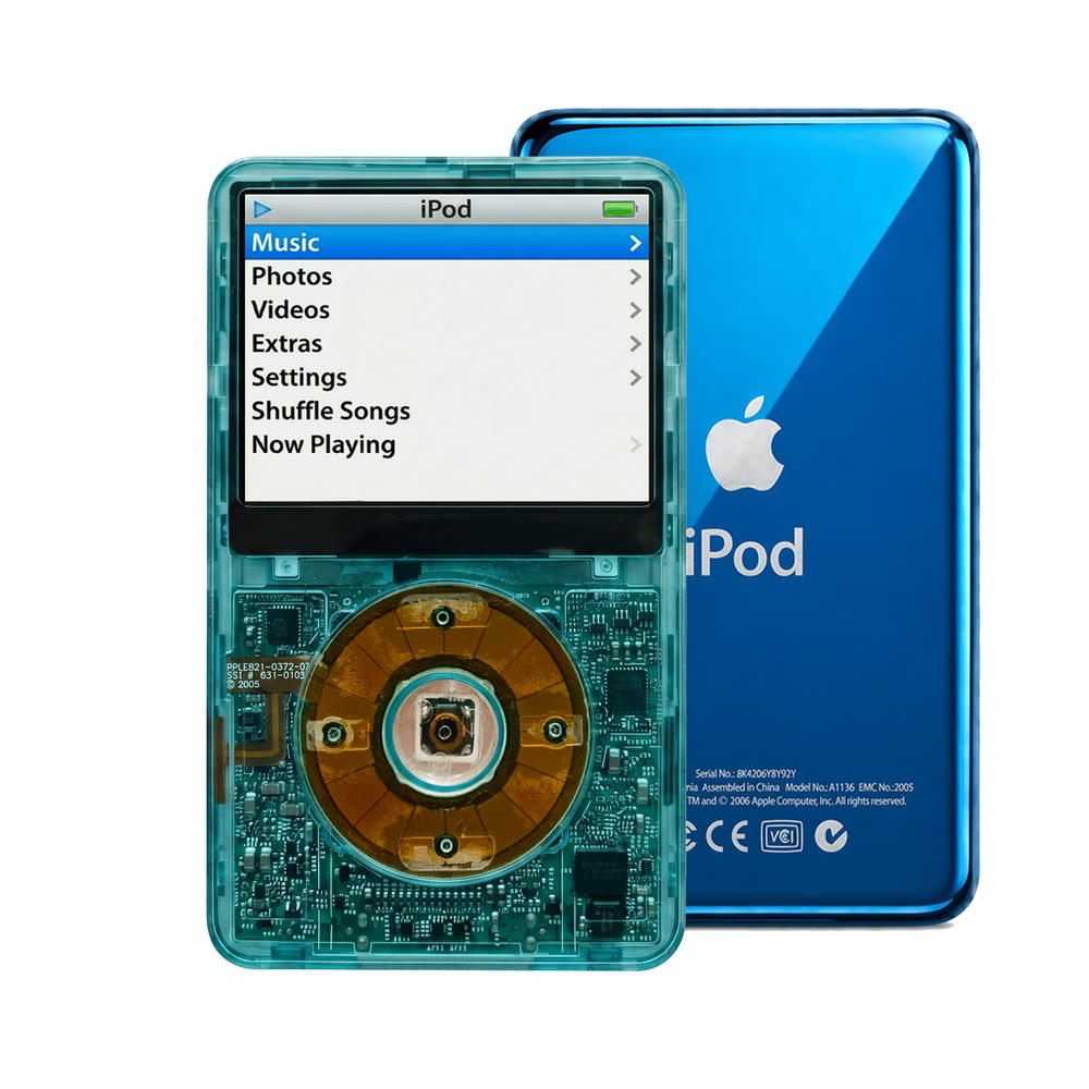 Clear Blue refurbished iPod Video 5.5 Gen with Clear Gray click wheel and Blue back plate