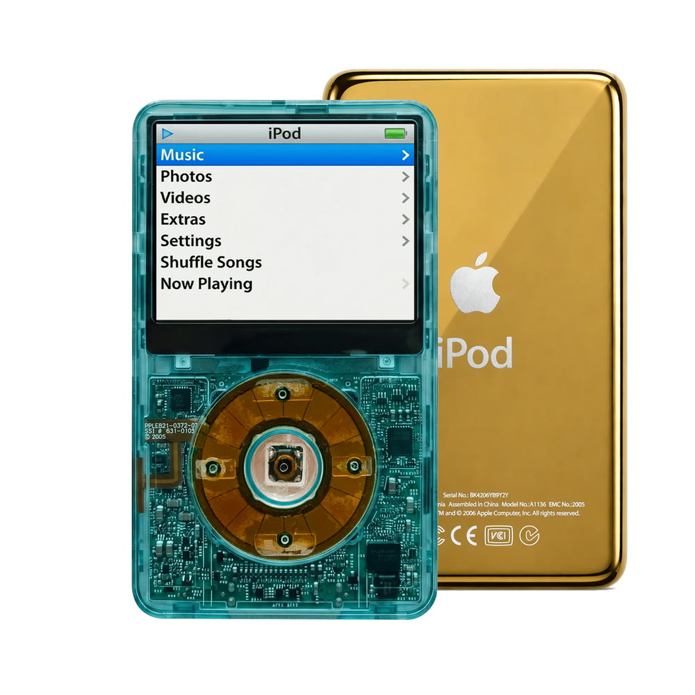 Clear Blue refurbished iPod Video 5.5 Gen with Clear Gray click wheel and Gold back plate