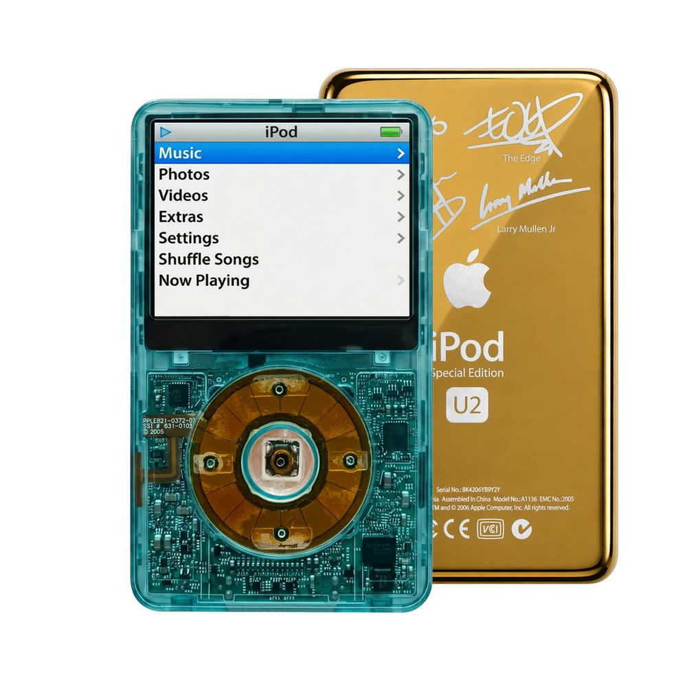 Clear Blue refurbished iPod Video 5.5 Gen with Clear Gray click wheel and Gold U2 back plate