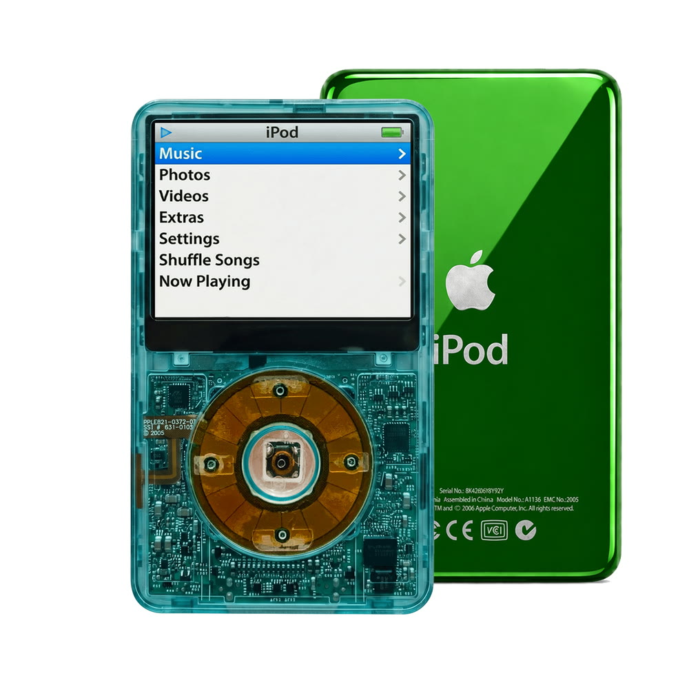 Clear Blue refurbished iPod Video 5.5 Gen with Clear Gray click wheel and Green back plate