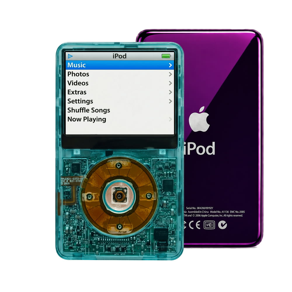 Clear Blue refurbished iPod Video 5.5 Gen with Clear Gray click wheel and Purple back plate