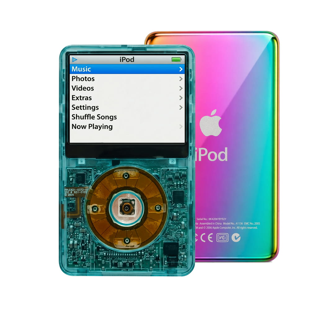 Clear Blue refurbished iPod Video 5.5 Gen with Clear Gray click wheel and Rainbow back plate