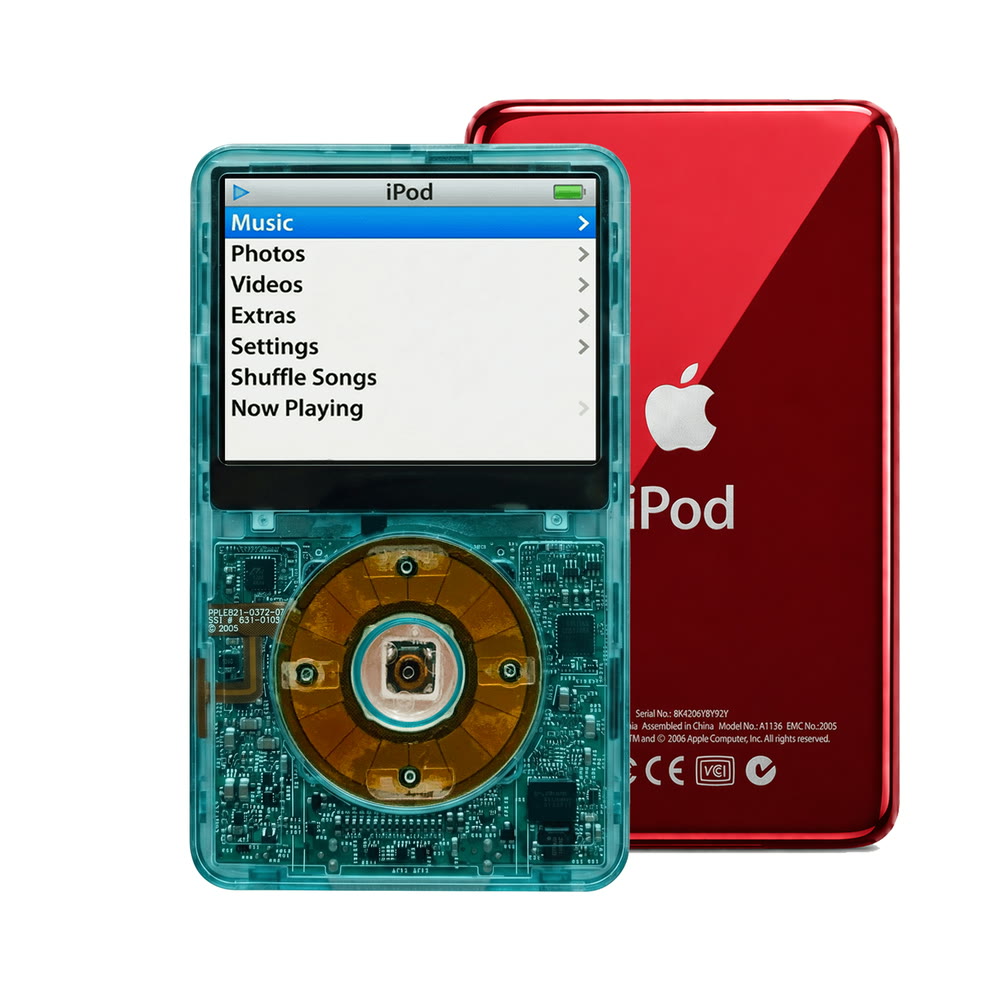 Clear Blue refurbished iPod Video 5.5 Gen with Clear Gray click wheel and Red back plate