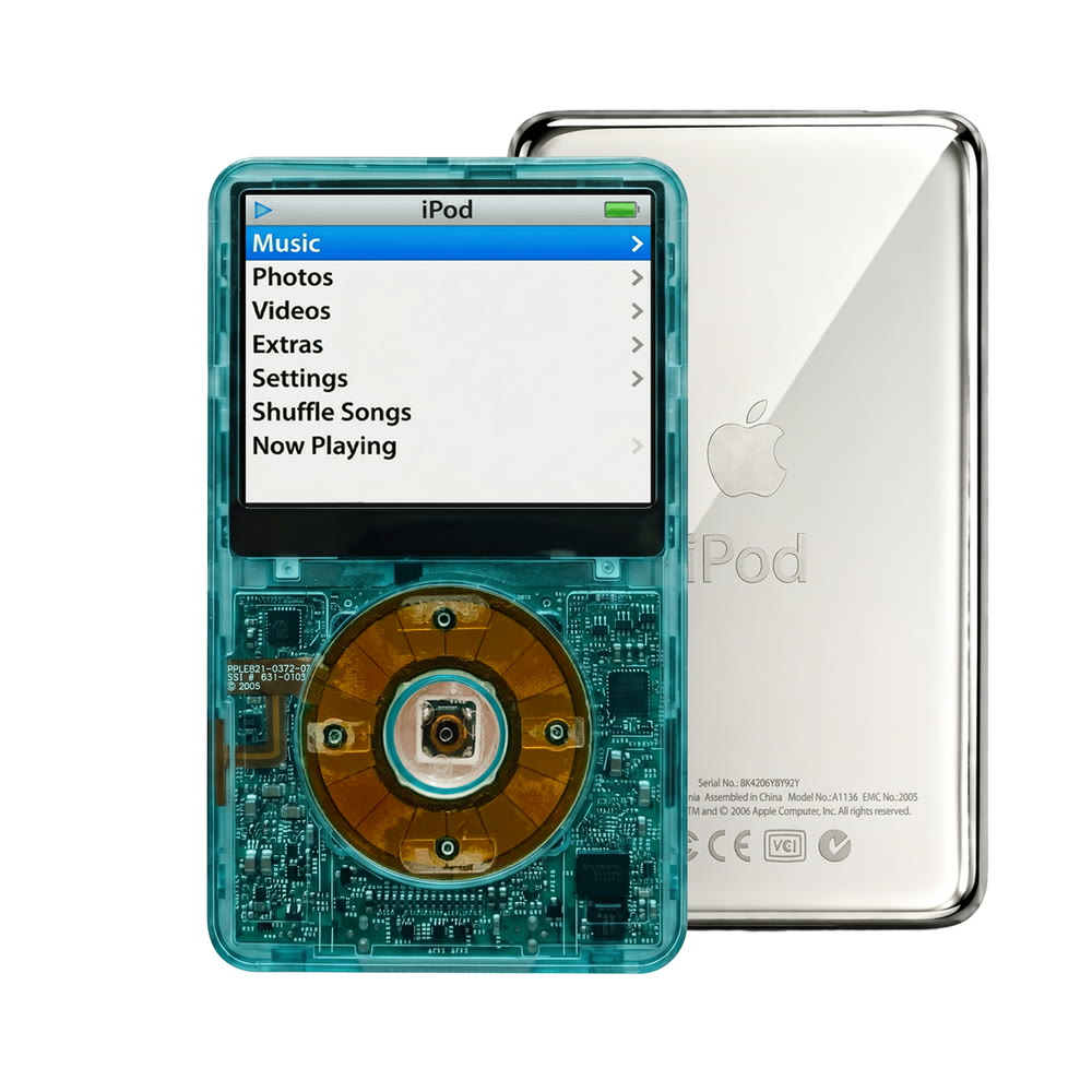Clear Blue refurbished iPod Video 5.5 Gen with Clear Gray click wheel and Silver back plate
