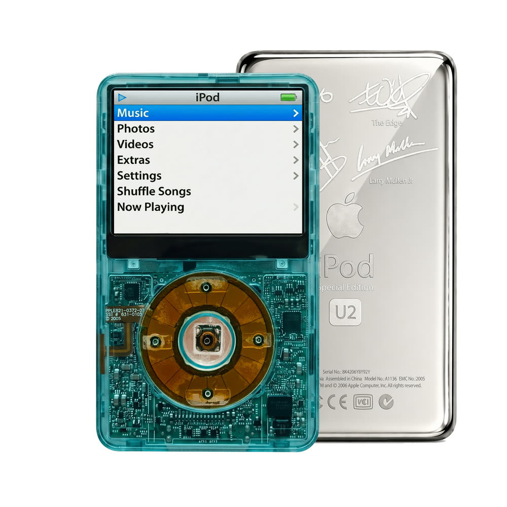 Clear Blue refurbished iPod Video 5.5 Gen with Clear Gray click wheel and Silver U2 back plate