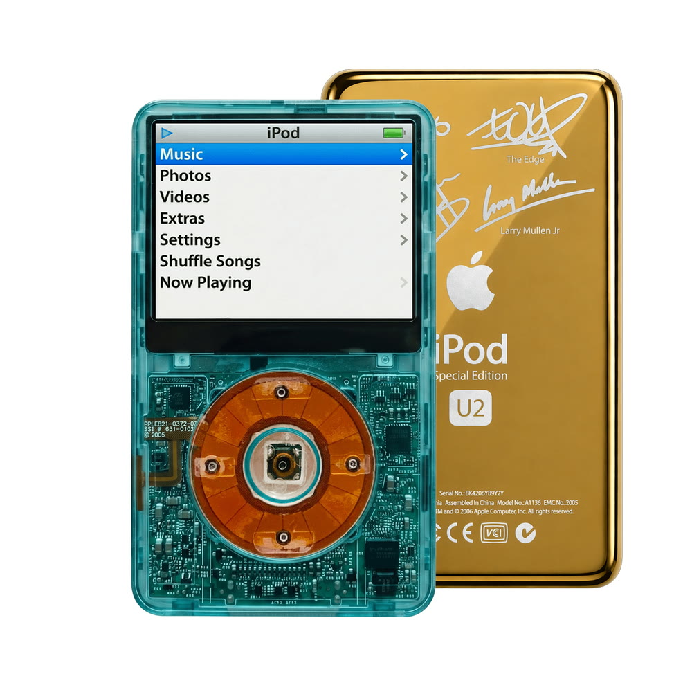 Clear Blue refurbished iPod Video 5.5 Gen with Clear click wheel and Gold U2 back plate