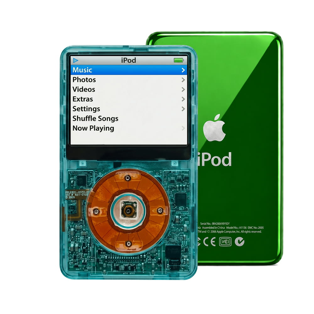 Clear Blue refurbished iPod Video 5.5 Gen with Clear click wheel and Green back plate